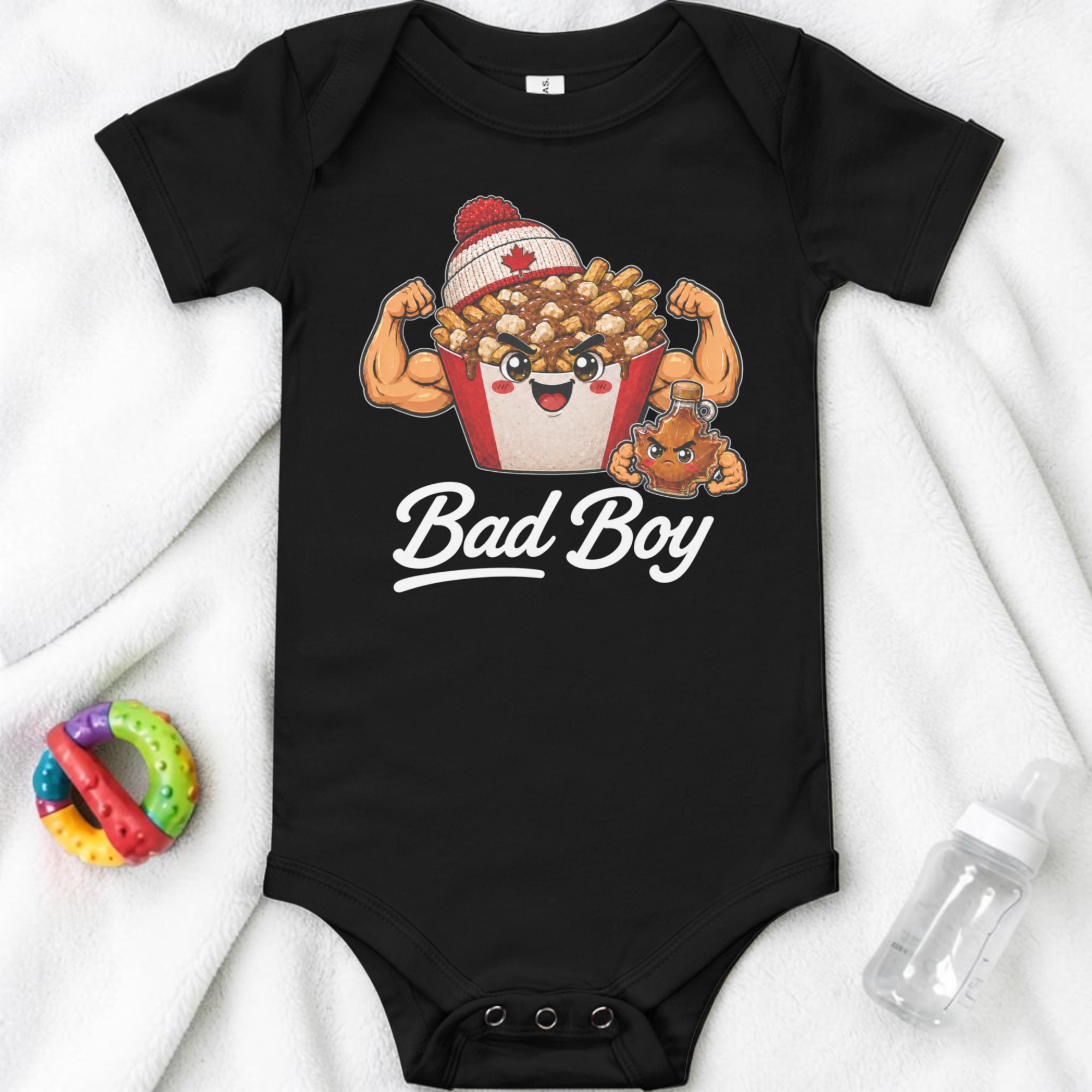 Dress your little rebel in the Bad Boy Baby One Piece - Canada Edition by Straight Face Originals—a high-quality black cotton bodysuit featuring a flexing cartoon poutine, a feisty little dog, and bold Bad Boy lettering. Perfect for budding streetwear stars, this adorable infant outfit is pictured with a colorful teether and baby bottle on a cozy white blanket.